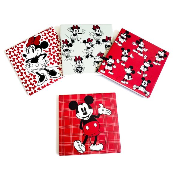 Disney Mickey Mouse and Minnie Coaster 4 Pack Set All Over Print Ceramic Red - Picture 1 of 4
